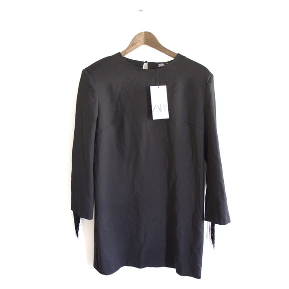 Zara NWT Shoulder Pad & Fringe with Long Sleeves Mini Dress Small - Picture 3 of 8